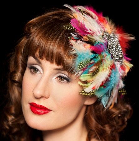 Fascinator, Feather and Rhinestone, Bright Colours