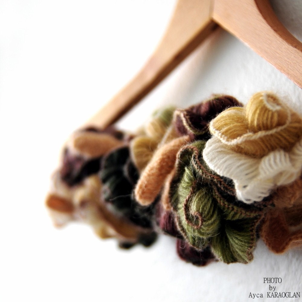 Turkish rose handmade knit crochet neckwarmer  Earth colors coffee brown tan beige army forest green caramel camel taupe