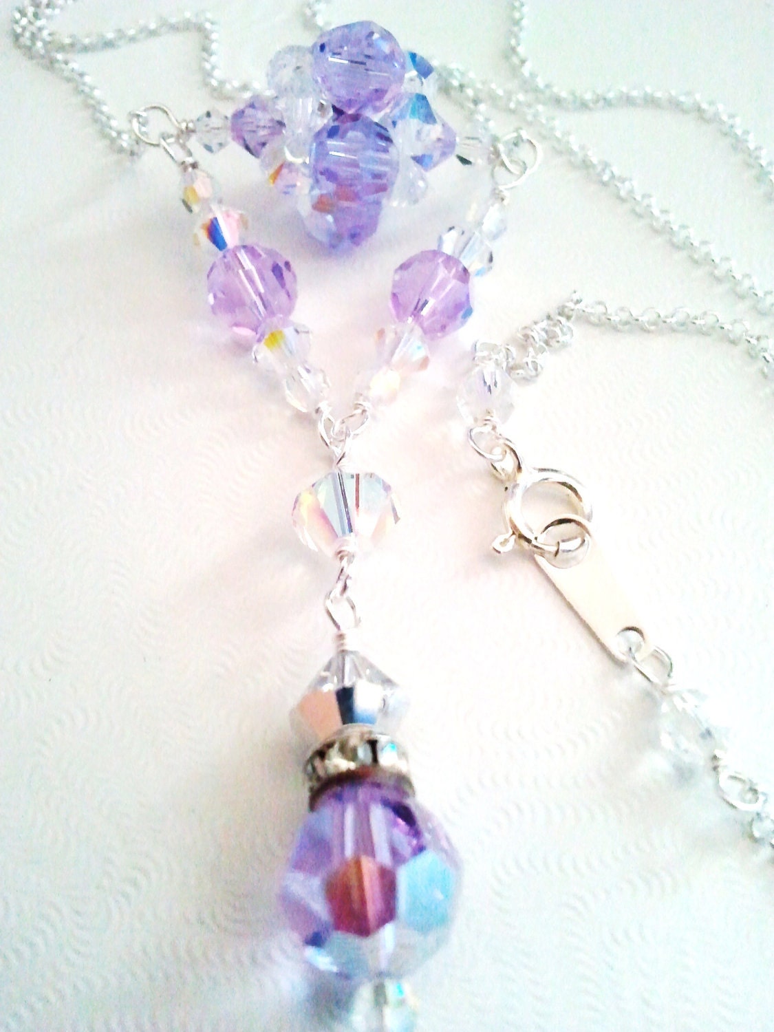 Beaded Swarovski Crystal Violet Triangle Pendant, Sterling Silver Necklace
