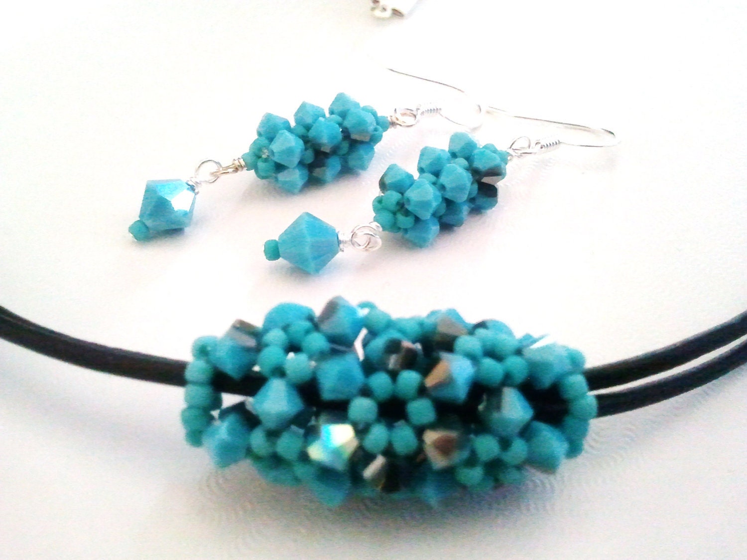 Beaded Swarovski Crystal blue Pendant, black leather Necklace & Earrings Set