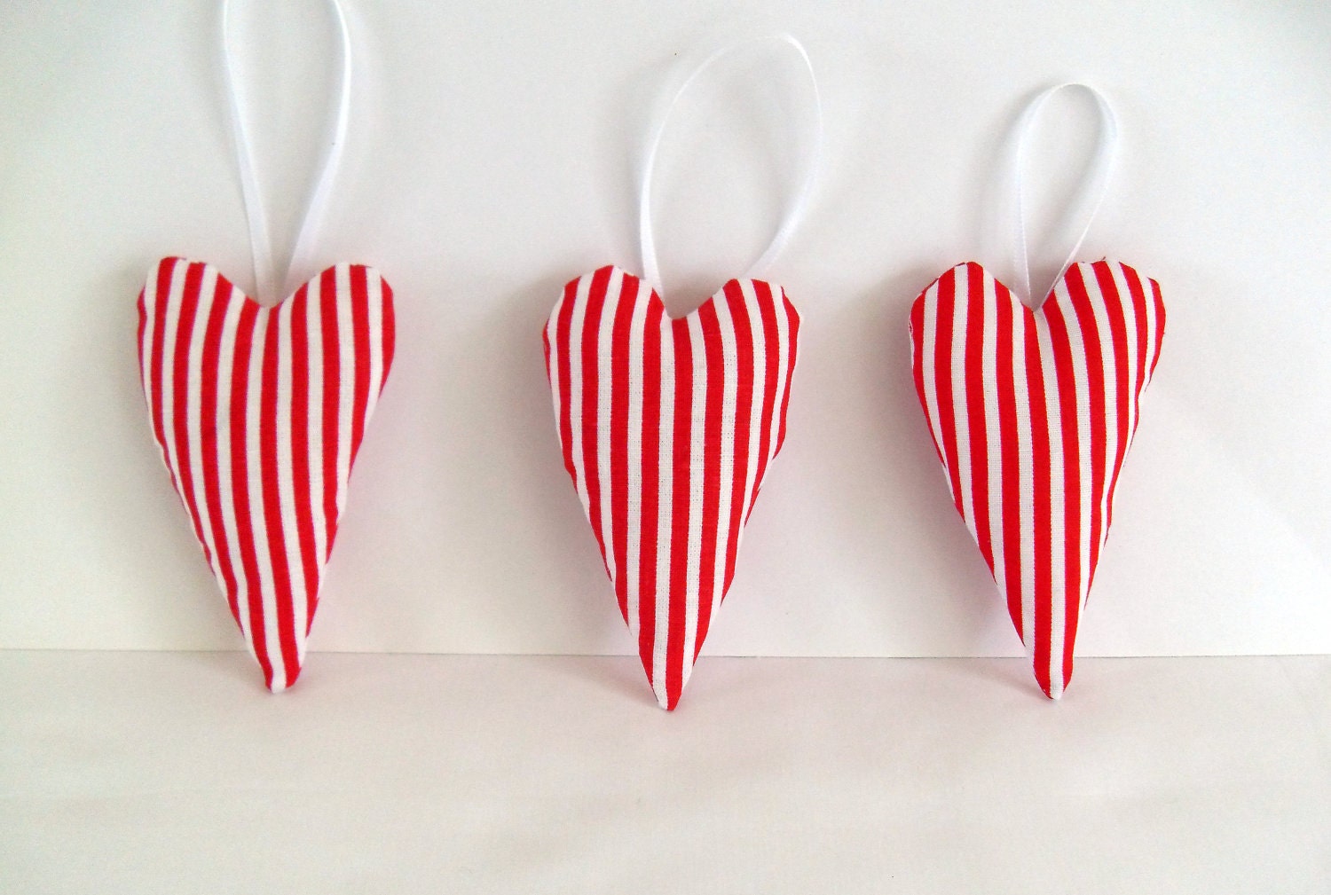 Set of 3 hanging red and white candy striped petite fabric love hearts valentine shabby chic holiday decoration