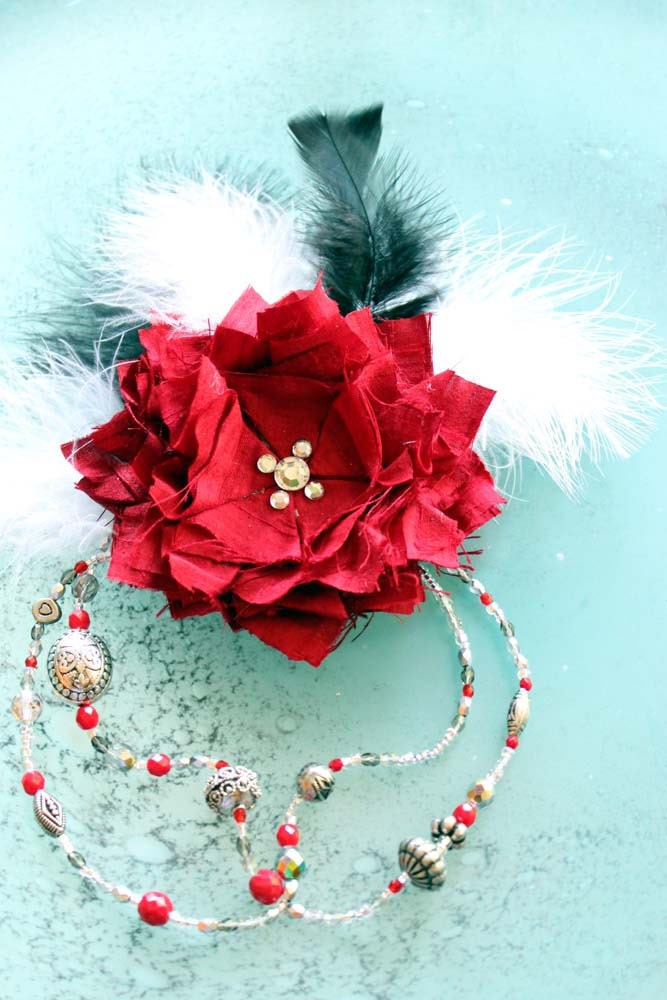 Gypsy Flower Fascinator Belly Dance Draping Tribal Beads blood red Silk Flower White black Feathers Gothic Hair Headpiece