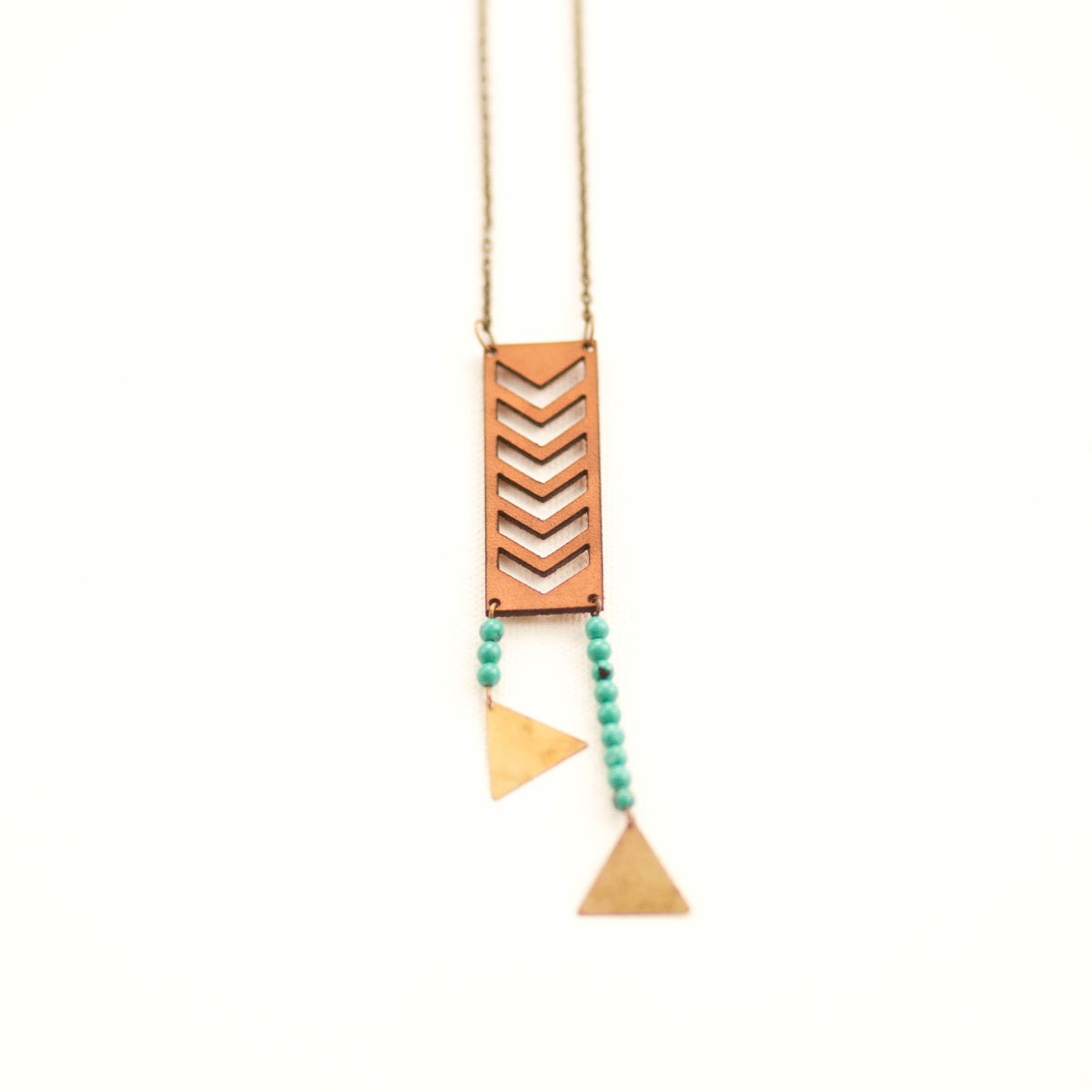 Dinetah Necklace // Laser Cut & Hand Dyed Leather, Turquoise Beads, and Brass Triangle Charms