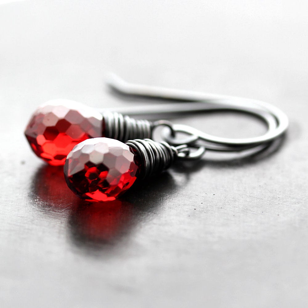 Red Earrings, Garnet Red Faceted Briolette Oxidized Sterling Silver Dangle Earrings - Fire Engine