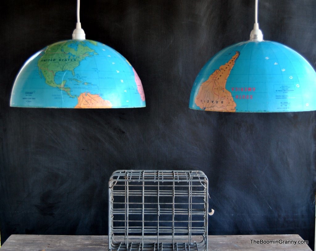 Amazing Pair of Pendant Lights Made From Extra Large World Globe