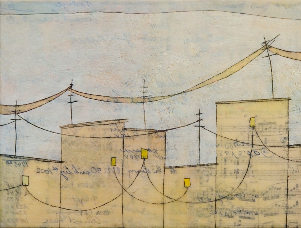 this city: all the stories that have passed through here - Original Encaustic Painting with Graphite and Oil Paint by Janet Nechama Miller