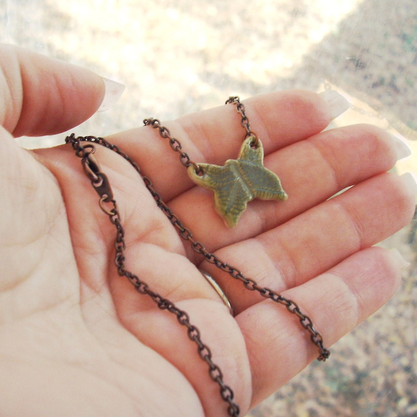 Leaf Impression Butterfly Porcelain Pendant Necklace with Copper Chain
