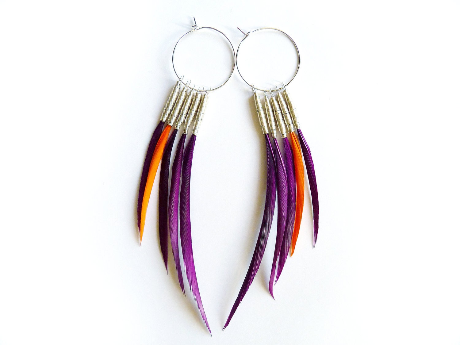 Interchangeable Feather Earrings in Purple with a Flash of Orange
