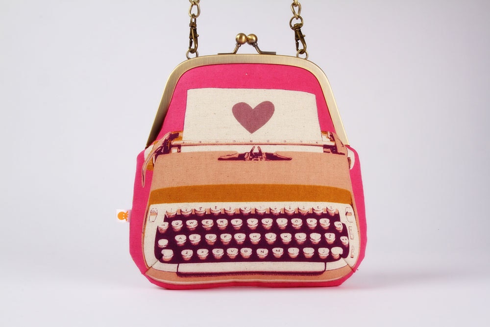 Clutch bag - Typewriter in pink - metal frame purse with shoulder strap