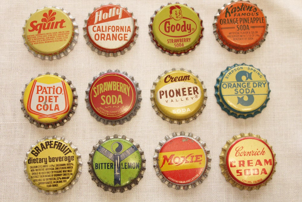 12 Wonderful Vintage Bottle Caps- Retro Brights Lot