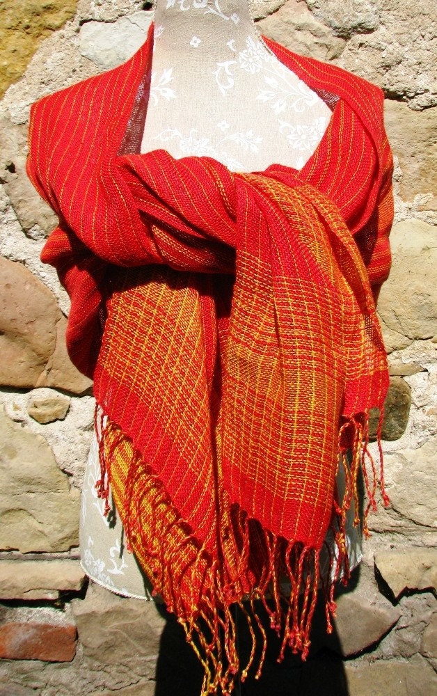 Handwoven Red And Yellow Linen Flax Scarf (Shawl)