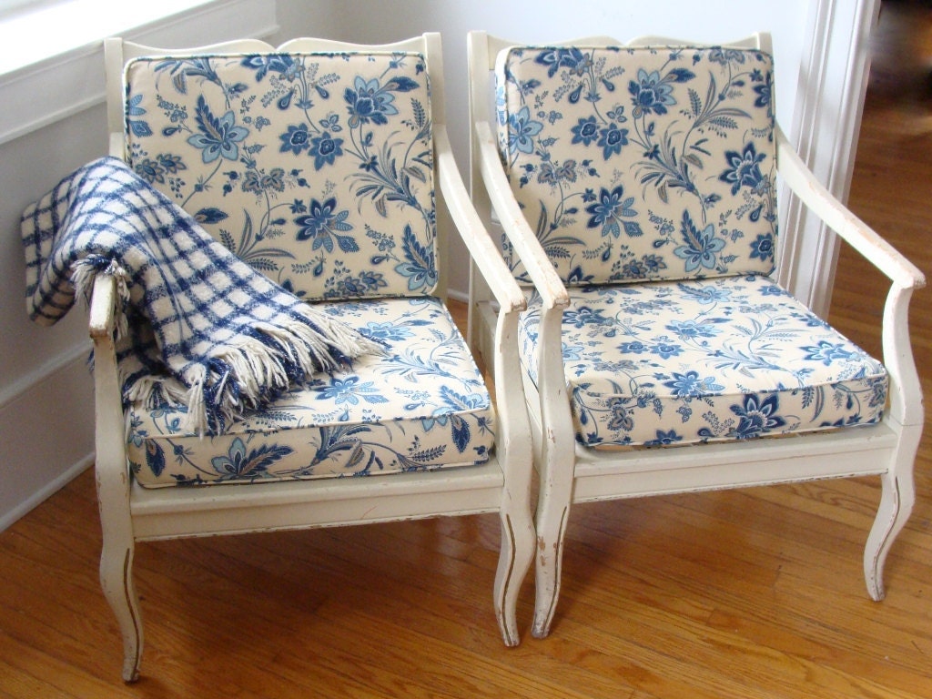 Vintage White Painted  Danish Chairs Blue Flower Upholstery Scandinavian Shabby