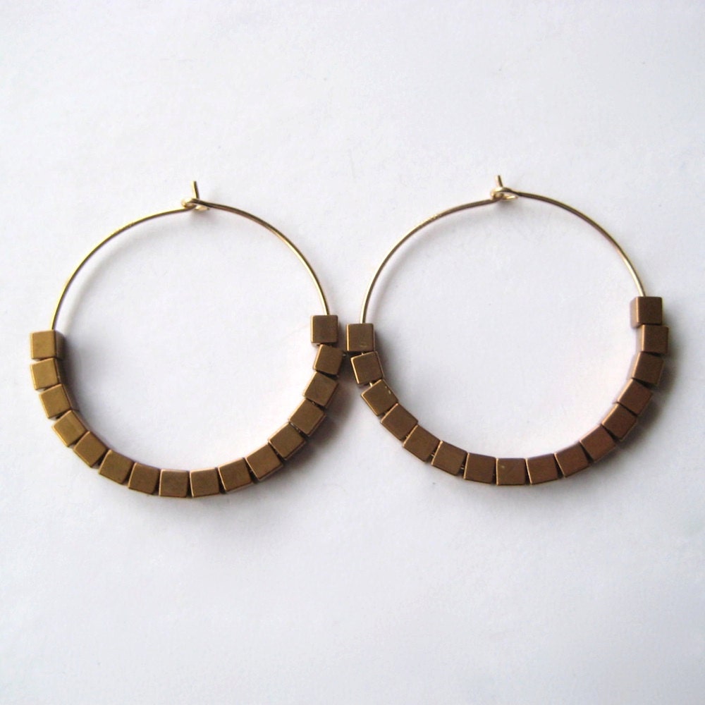 Reserved for sortagreat - Vintage Brass Cube Gold-Filled Hoop Earrings
