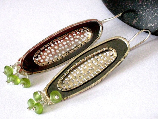 Silver and Peridot earrings, handmade unique long oval earrings