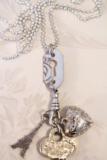 Vintage Blinged Key, Eiffel Tower, and Engraved Puffy Heart Charm Pendant Necklace