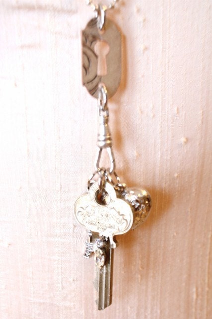 Vintage Blinged Key, Eiffel Tower, and Engraved Puffy Heart Charm Pendant Necklace