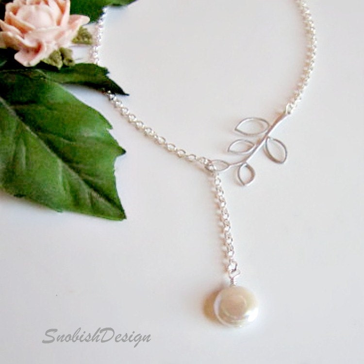 Branch Necklace Silver Twig Fresh Water Coin by SnobishDesign from etsy.com