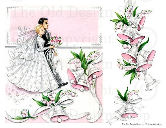 Vintage Pink WEDDING Graphics of Bride Groom Bells for Cardmaking Altered Art Mixed Media Scrapbooking Crafts Digital Download Collage Sheet