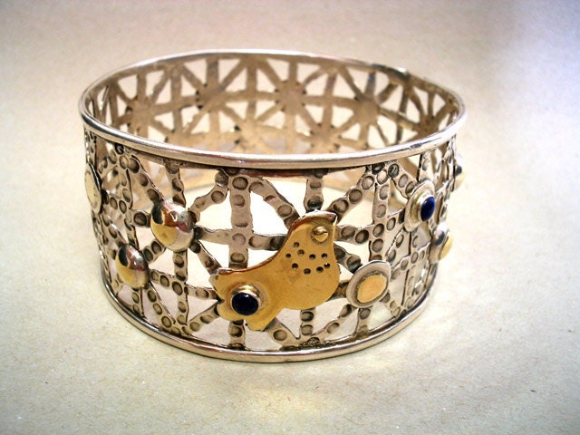 Silver and gold bangle with stones handmade jewelry design