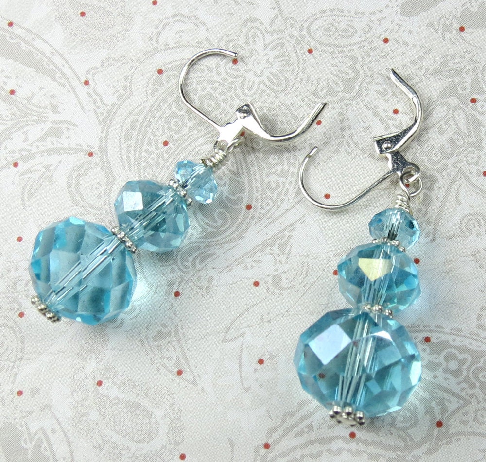 Aqua Czech Faceted glass triple drop rondel earrings