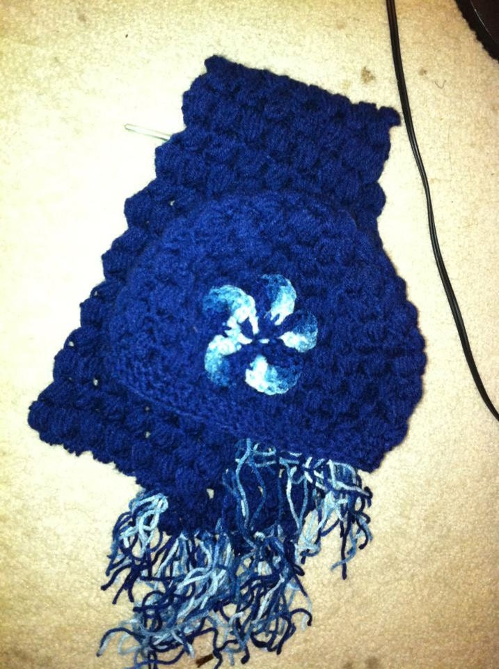 handmade blue raspberry stitich hat and scarf with flower