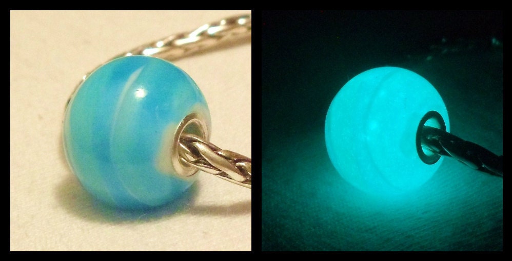 Glow in the Dark Glass White, Aqua and Teal Lampwork Big Hole Bead, fits Pandora and all European Style Charm Chains