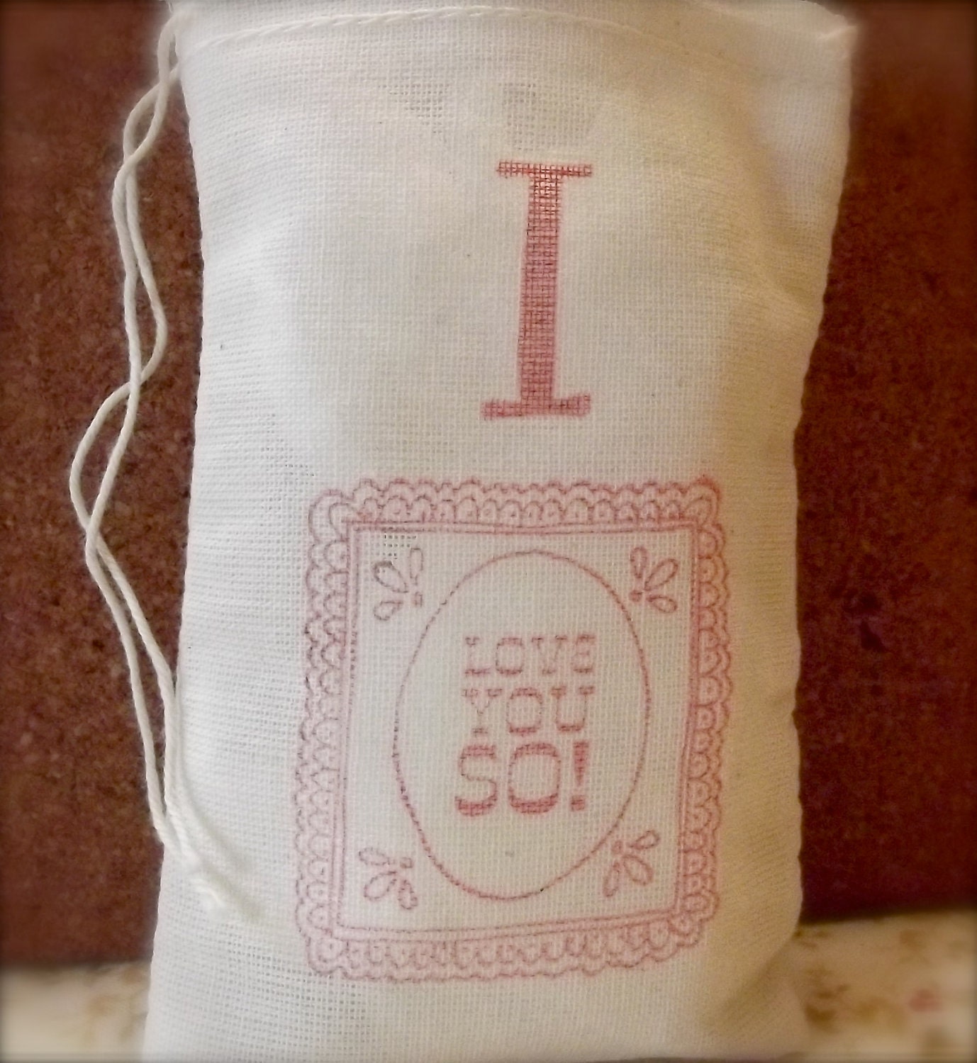Hand stamped red Valentine Wedding  I Love You So muslin favor bag
