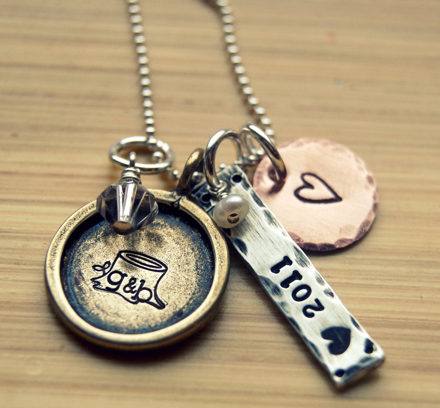 Hand Stamped Personalized Wedding Anniversary Love Tree Trunk Necklace with Sterling Silver, Brass, and Copper