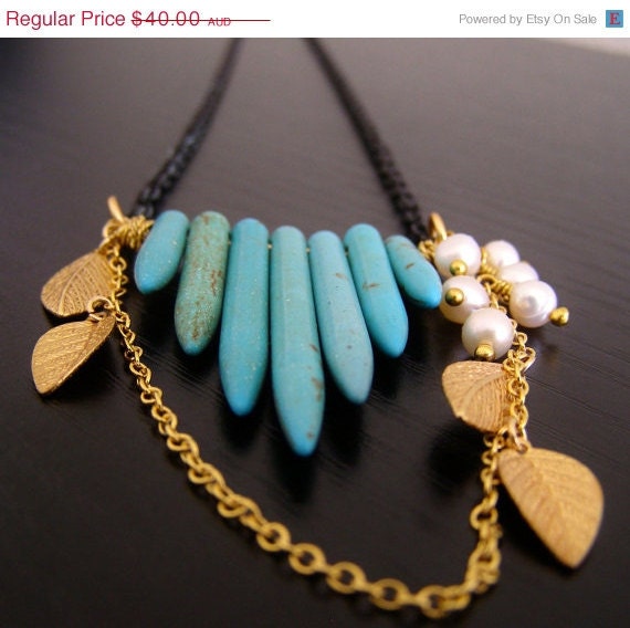 20% Off Sale Turquoise Howlite Dagger Spear Necklace With Pearls & Gold Leaf - (Once Upon A Murder)