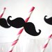 SALE - Photo Booth Props - Mustache Straw Photo Props - Set of 5 - Mustaches on PINK Striped Paper Straws