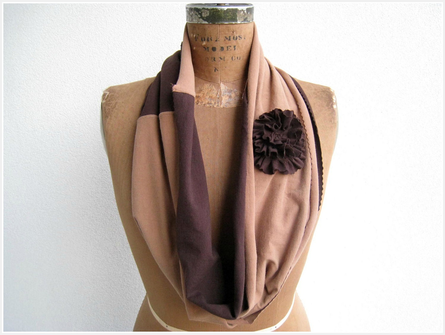T Shirt Infinity Scarf / Necklace / Chocolate Brown Latte / Tee Flower / Recycled Tees / Girls / Cotton / Soft / Fashion
