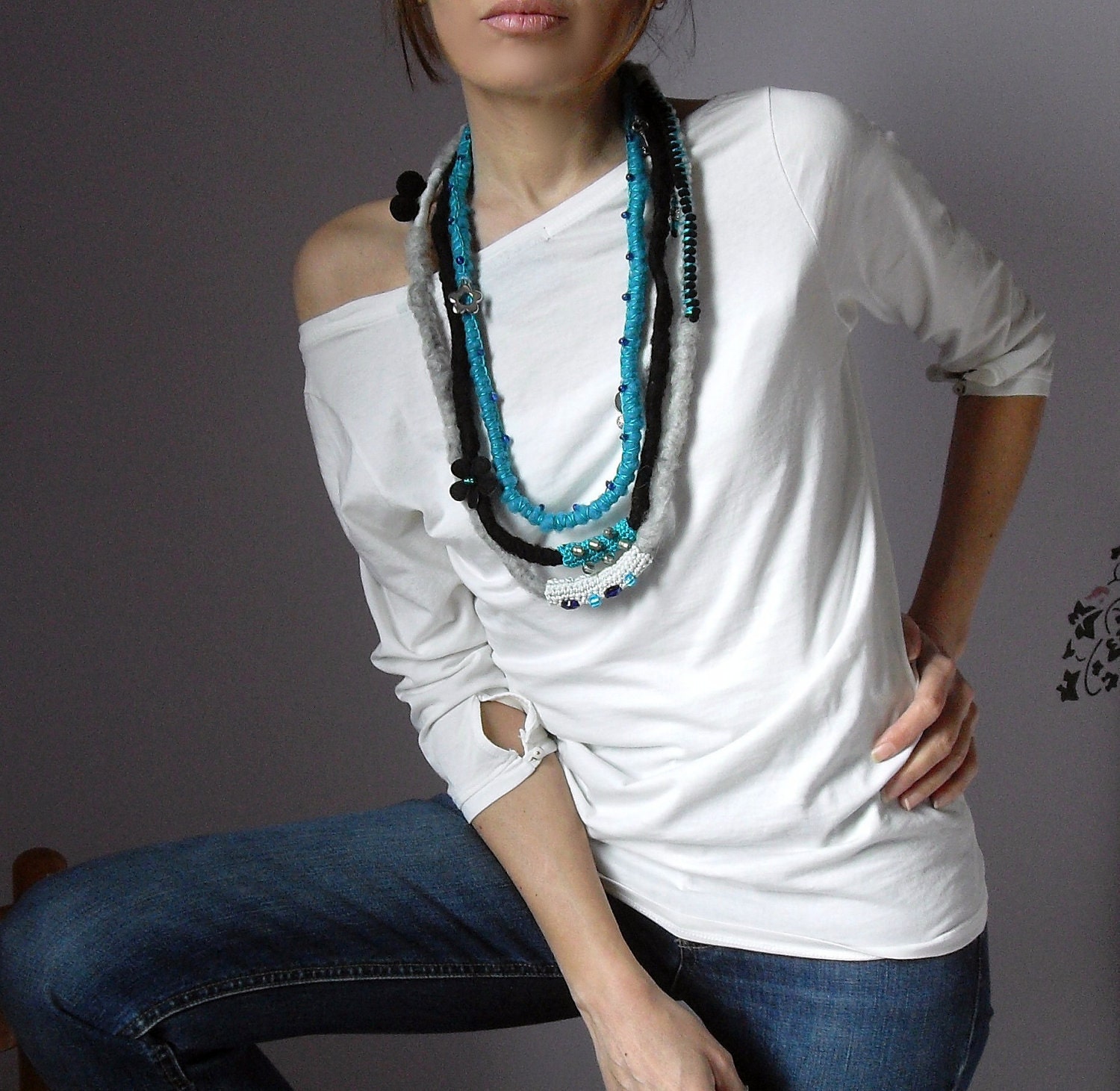 Fiber Art Crochet Textile Necklace Grey Gray Black Turquoise Blue Beaded - Handmade - Italian Mood (03)