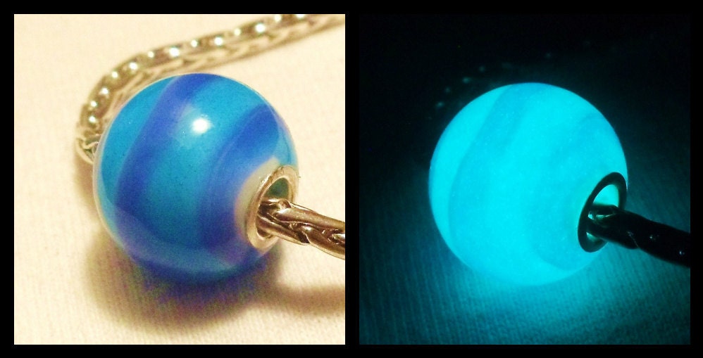 Glow in the Dark Glass "Aquamarine, Glowbalt & White" Lampwork Big Hole Bead, fits Pandora and all European Style Charm Chains