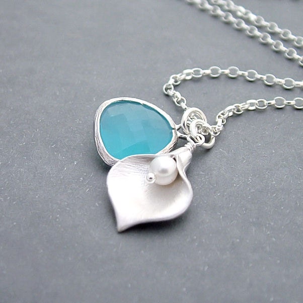 Jewel and Calla Lily Necklace - Opal Aqua Blue Glass - Sterling Silver Chain