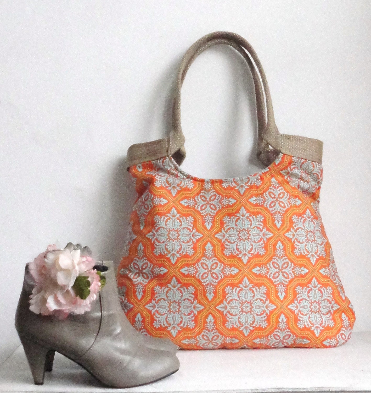 Tile Flourish in Amber and burlap tote bag