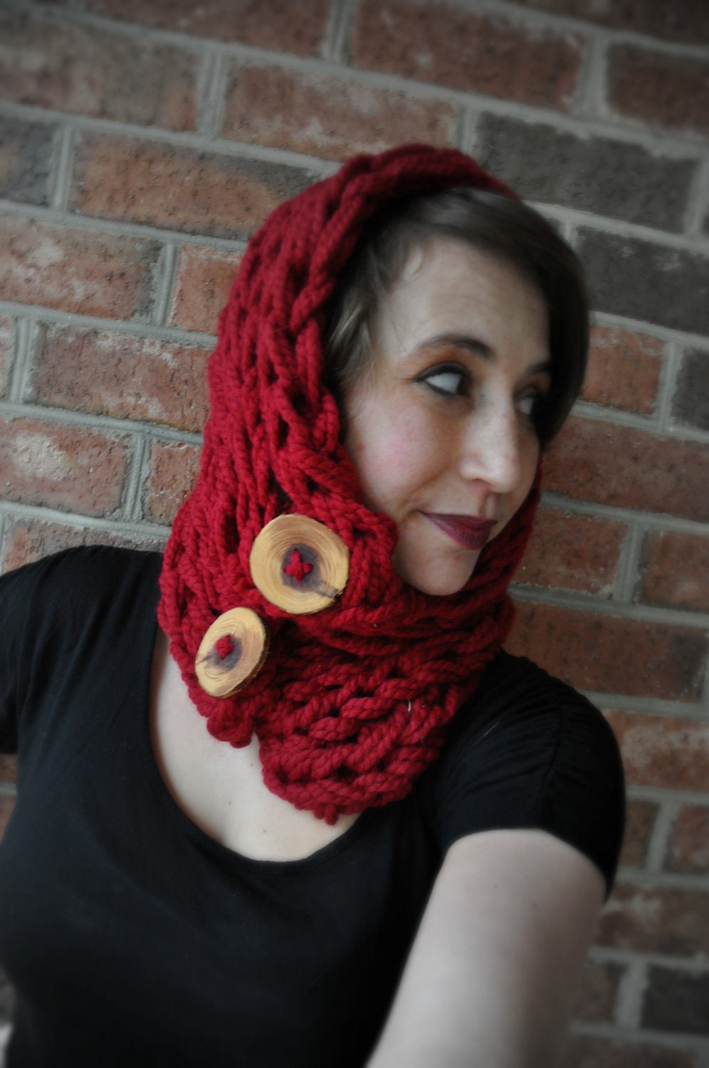 Cranberry Cowl with Cedar branch buttons