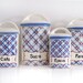 set of 4 french kitchen canisters, french tags, blue geomerical pattern