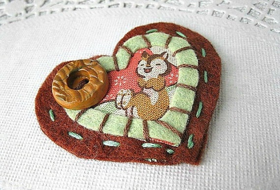 Kitschy Cute Hair Clip - Brown and Mint Green heart With Squirrel - woodland, Chic, Felt, button, snap clip