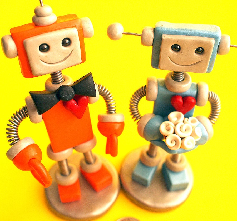 Robot Wedding Cake Topper - Orange Groom Blue Bride - Ready to Ship - Clay, Paint, Wire