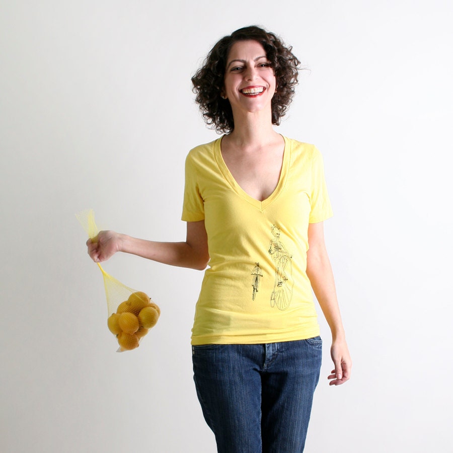 Screen Print Bike Shirt - Sunshine Yellow V-Neck T-Shirt - XS Small Bicycle