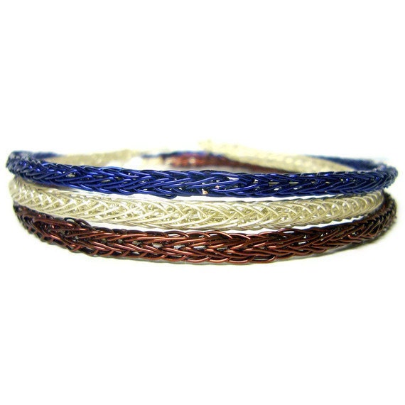 Bangle bracelets, Crochet jewelry, viking knit wire crochet bracelet, bangles set, blue, brown and silver Fall Fashion crocheted jewelry