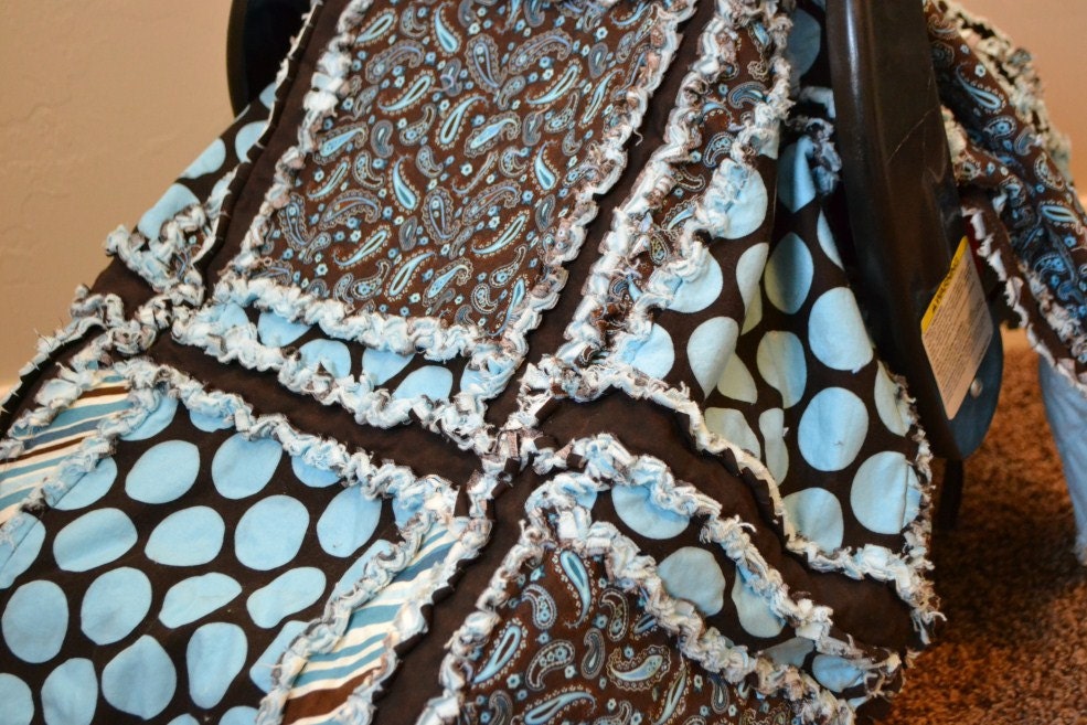 Car Seat Cover, Baby Carseat Canopy, Nursing Quilt, Blue Brown Polka Dot, Made to Order