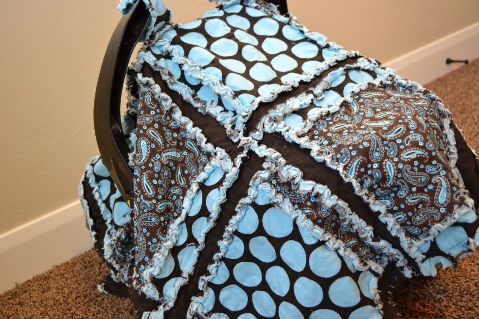 Car Seat Cover, Baby Carseat Canopy, Nursing Quilt, Blue Brown Polka Dot, Made to Order