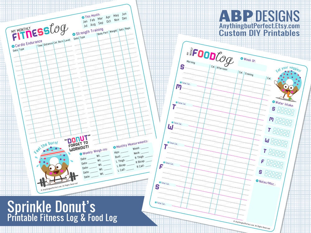 Fitness and Food Log Set, DIY Printable - Sprinkle Donut