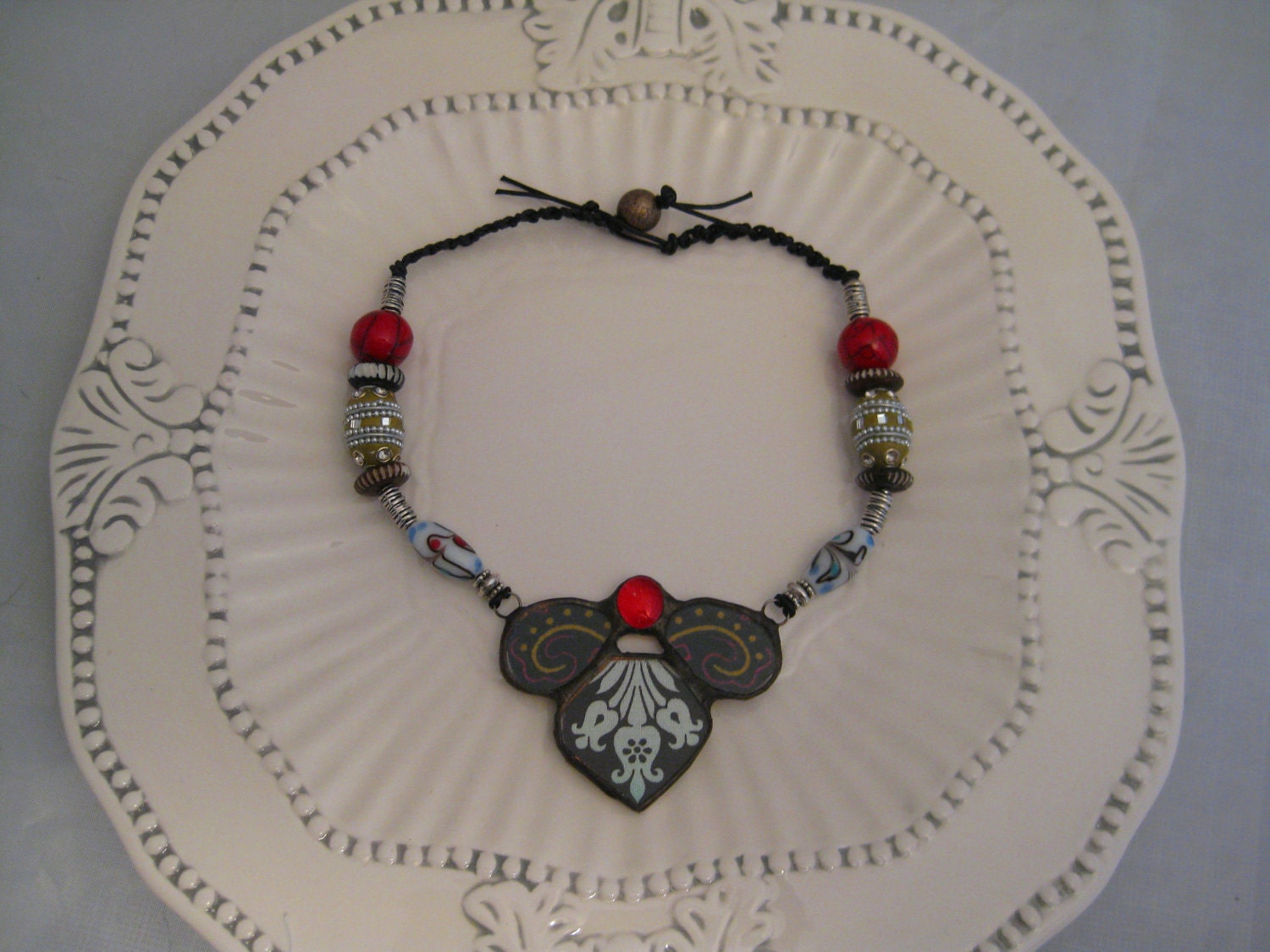 Aqua and Brown 9 Silver Soldered Glass Necklace with Red Accents
