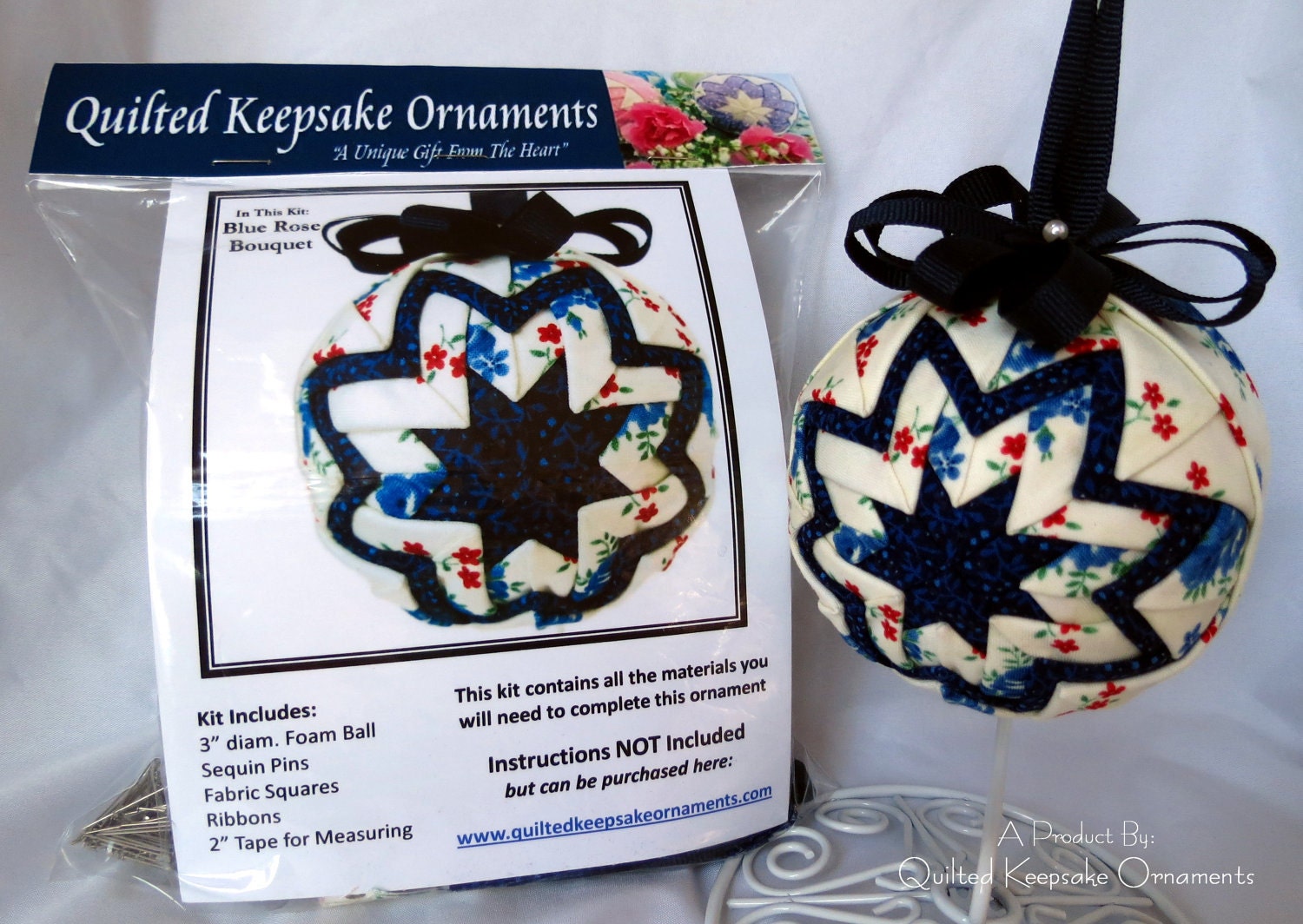 Quilted Ornament Kit - Christmas Fabric Ball - Blue Rose Bouquet Design - No Sew - KIT ONLY - Instructions Sold Separately
