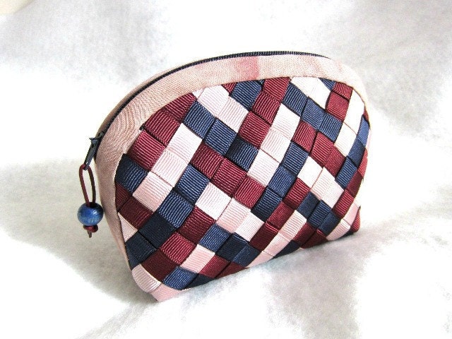 Pink Navy Ribbon Basketwoven Jewelry (Make-up) Purse