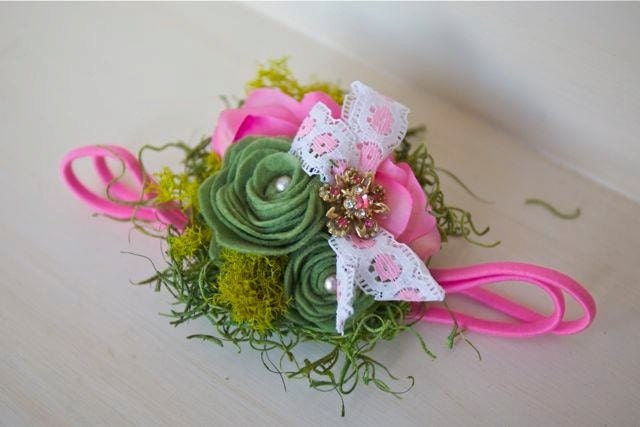 Pink and Green Nature Inspired Headband with Vintage Lace, Moss and Felt Roses