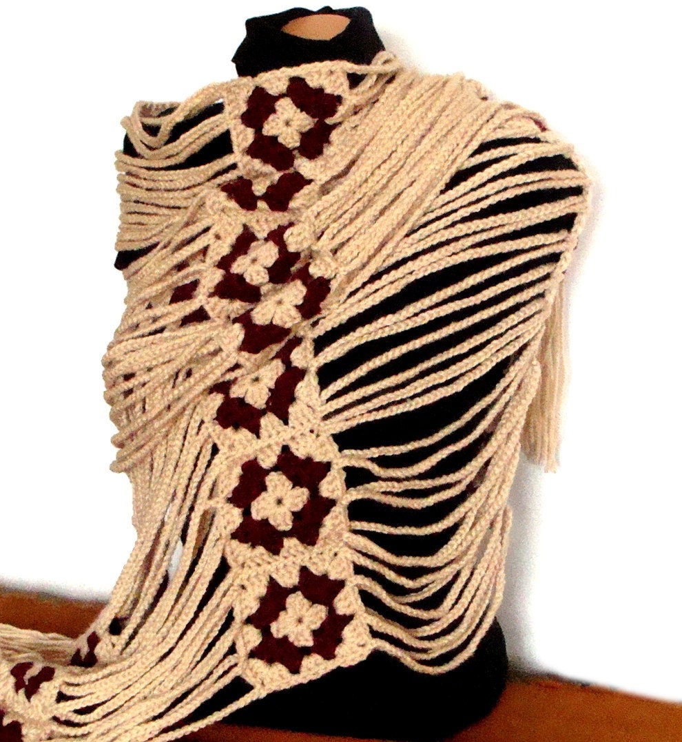 Crochet shawl original design - merino cream beige with claret decoration, with fringes