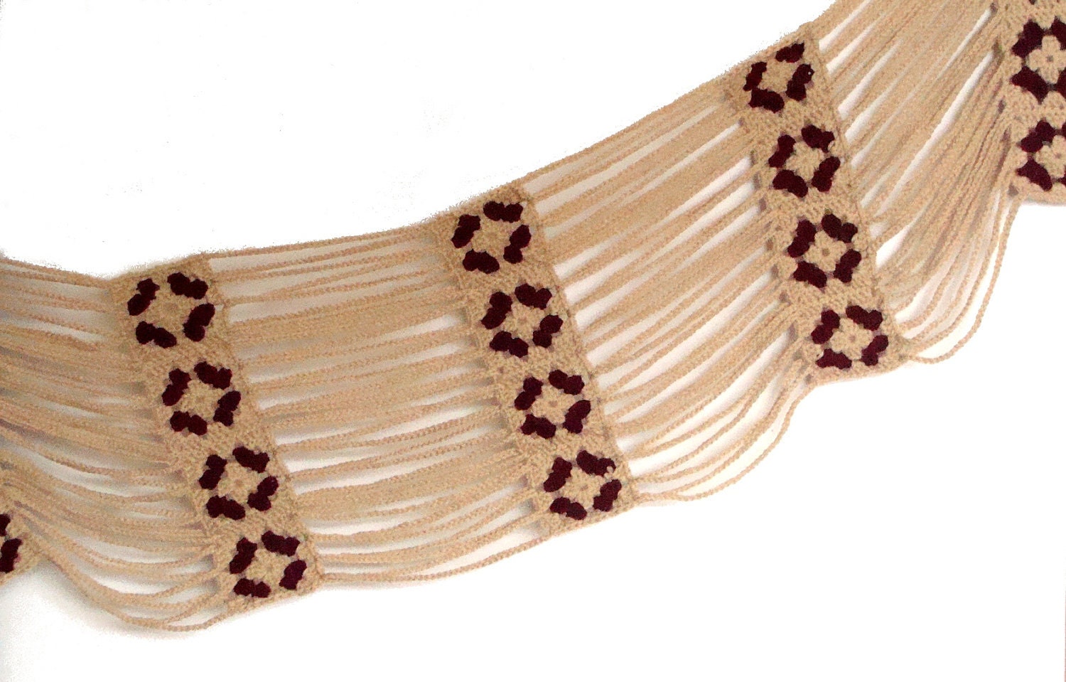 Crochet shawl original design - merino cream beige with claret decoration, with fringes